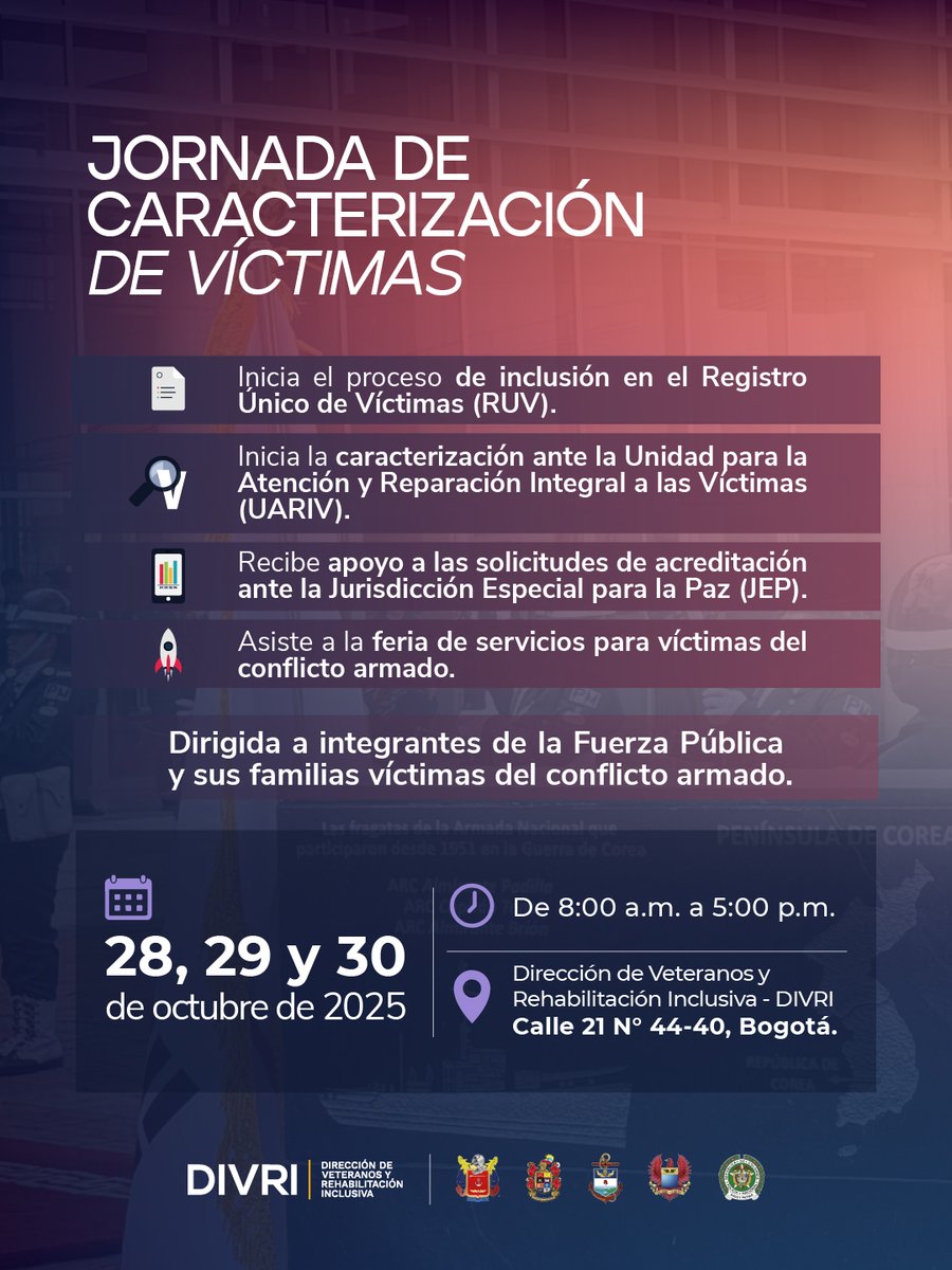 #ElDato Mañana martes, y por espacio de tres días, se llevará a cabo en la <a href="/divriveteranos/">Dirección de Veteranos y Rehabilitación Inclusiva</a> una jornada de caracterización para los miembros de la Fuerza Pública víctimas del conflicto armado. Si eres una de ellas te esperamos desde las 8:00 am en la calle 21 # 44-40, Bogotá.