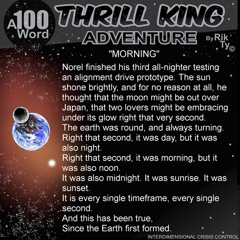 Rik Ty (@scifi_rikty) on Twitter photo <a href="/ashcribe/">Ashraf</a> Thank You Ashraf!
In this 100 word story we catch a moment in the life of Dr. Norel, the man who invented the vortex bikes. <a href="/ashcribe/">Ashraf</a> Thank You Ashraf!
In this 100 word story we catch a moment in the life of Dr. Norel, the man who invented the vortex bikes.