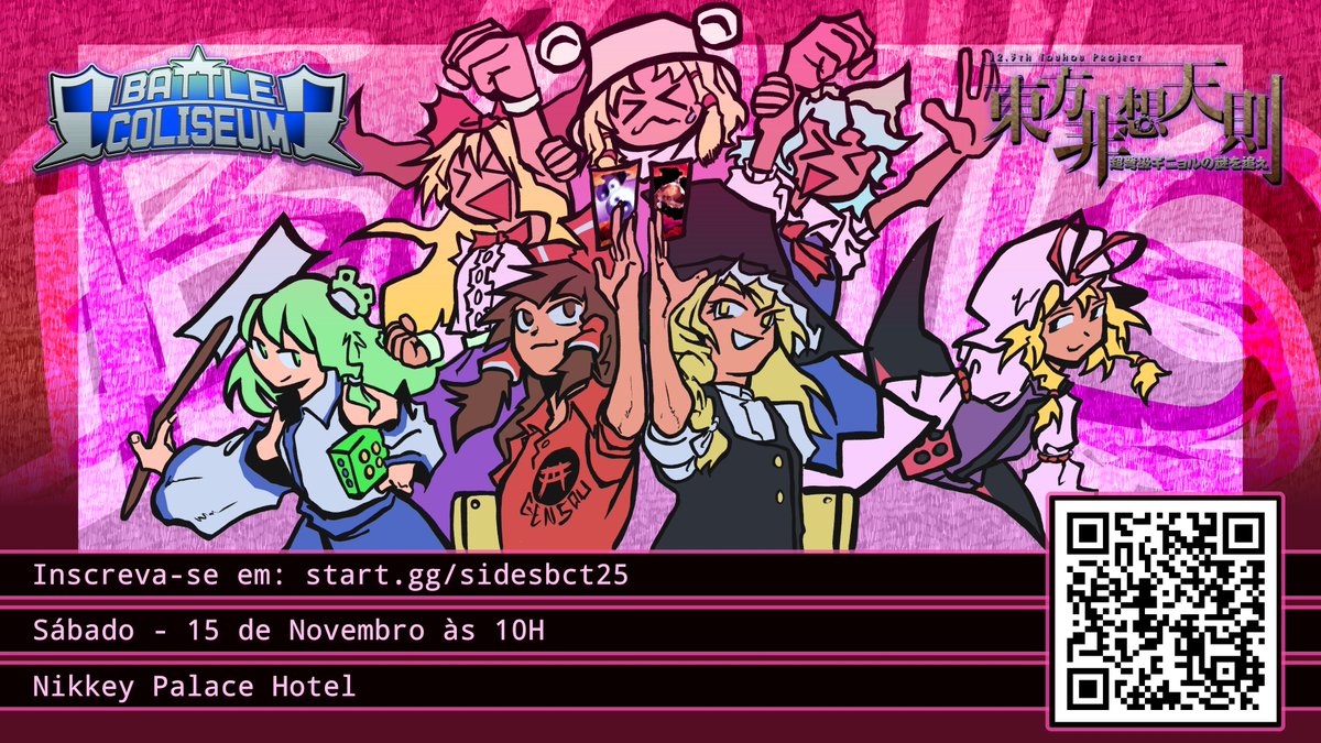 Terá Hisoutensoku no Battle Coliseum mais um ano!
O cronograma dos side events do Battle Coliseum 2025 já estão liberados, faça a sua inscrição!

Inscrição main event: start.gg/tournament/bat…

Inscrição side event: start.gg/tournament/sid…

Arte: <a href="/OmaruDraw/">OmaruDraw 🦋</a>