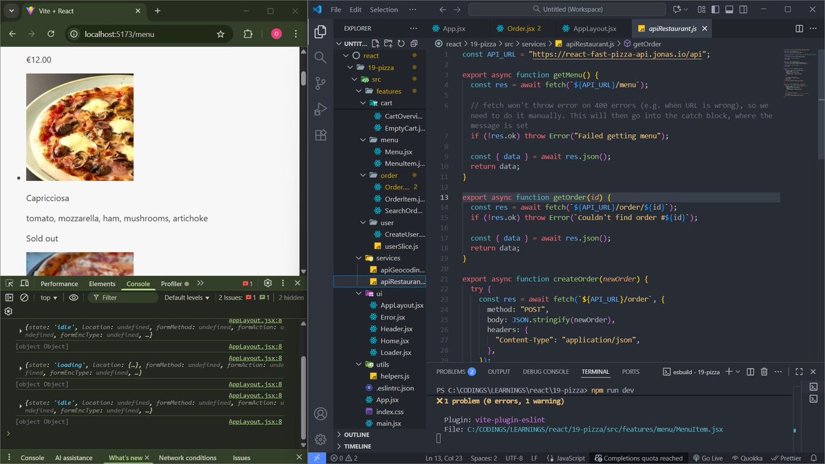 DelightOfili's tweet image. Day 47 of learning React ⚛️
Started a new pizza ordering project 🍕 — learning to structure apps better, use React Router for data loading, handle routes & errors, and fetch orders cleanly. Feels like building real-world stuff now! 🙌
#100DaysOfCode #ReactJS #FrontendDev