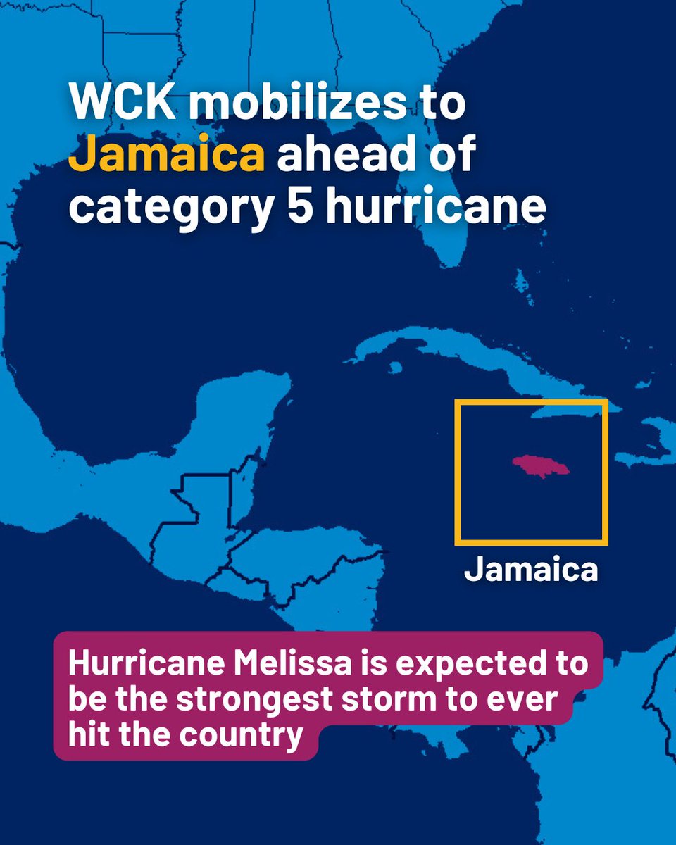 WCKitchen's tweet photo. WCK’s Relief Team is in Jamaica ahead of Category 5 Hurricane Melissa’s landfall. The storm is expected to bring destructive winds, torrential rain, and widespread flooding. We’re working with local partners to begin serving meals as quickly as possible to families impacted by the storm. 
Read more: https://t.co/vXgdKTrUPV
#ChefsForJamaica