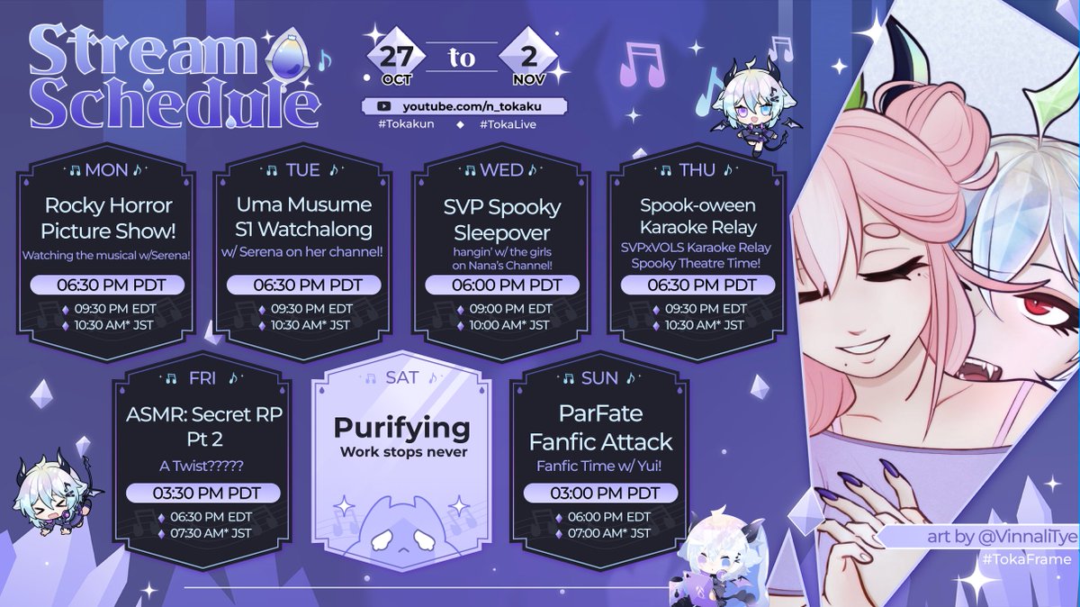 n_tokaku's tweet photo. #Tokalender October 27th - November 2ndπ§πΆ
Not included on the schedule, a super fun cover drop. Better keep your eyes out π
Rocky Horror Watchalong π«¦
Uma Musume Watchalong π
SVP Spooky Sleepover π»π€
Spook-oween Kara Relay πΆ
ASMR Secret RP β
ParFate Fanfic Attack ππ§ https://t.co/i1LVZJPh5O