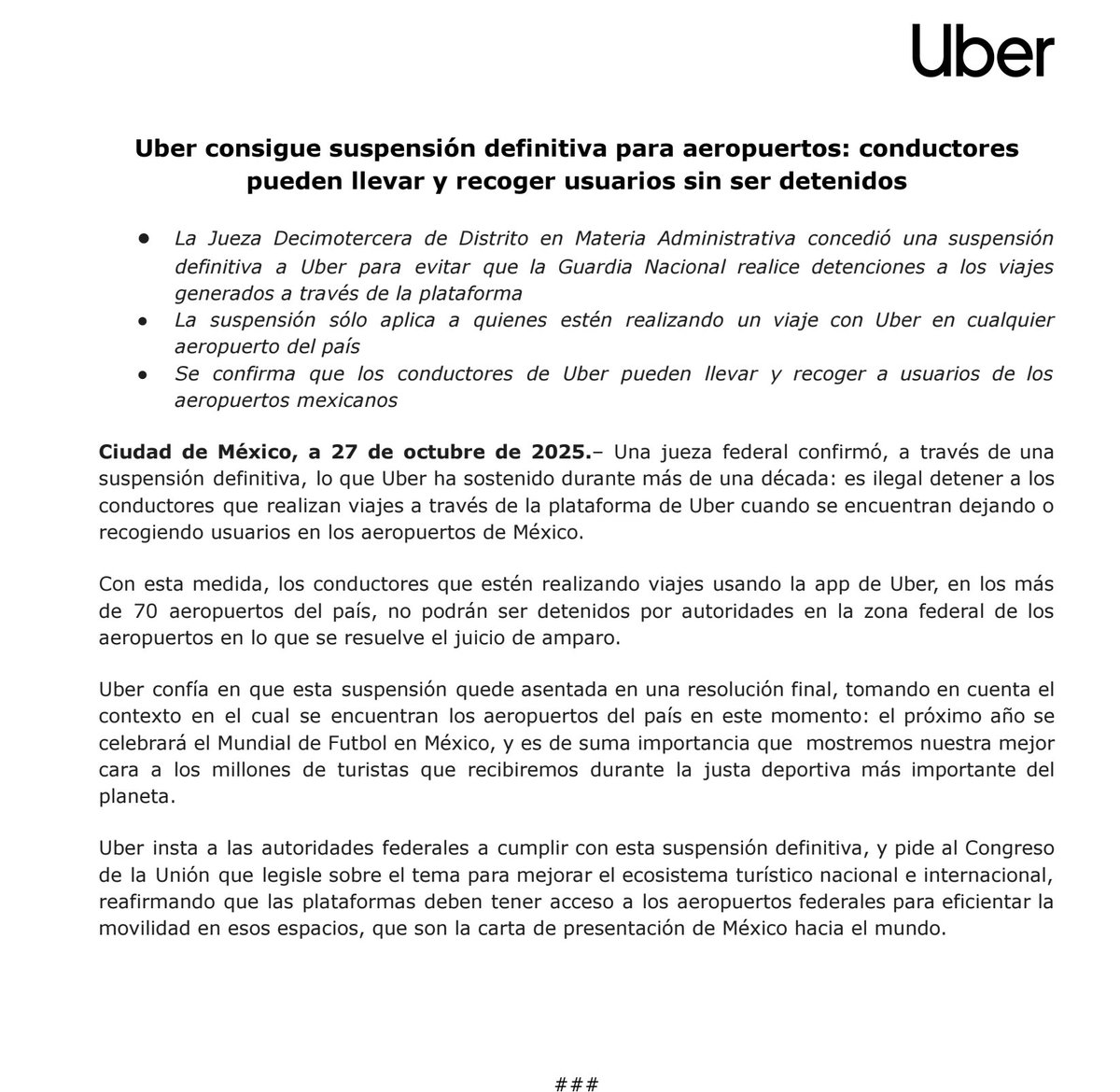 EmilioVallejoRL's tweet photo. ¿Cansado de darle un besote al chófer de @Uber_MEX en el aeropuerto para que no los detenga la Guardia Nacional ni les ponga una golpiza la mafia de taxistas?

La firma interpuso un amparo y consiguió una suspensión definitiva que ordena a los aeropuertos frenar el acoso a conductores de plataforma que suban o dejen pasajes en las terminales aéreas.

Uber exhorta al @GobiernoMX a acatar la resolución judicial y generar propicias condiciones de seguridad para todos quienes transitan en los más de 70 aeropuertos nacionales e internacionales a lo largo y ancho de los Estados Unidos Mexicanos.
