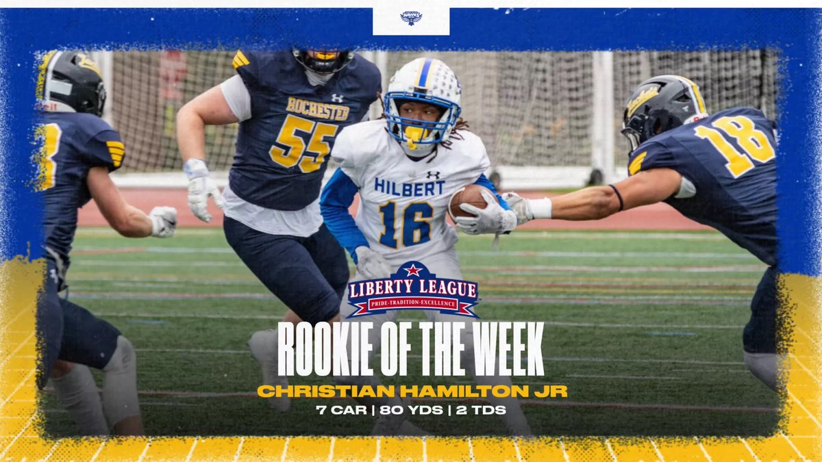 Slotback <a href="/1CHamiltonJr/">Christian Hamilton Jr</a> named Hawk of the Week and Liberty League Rookie of the Week after his performance against RPI! Much Deserved! Go Hawks!