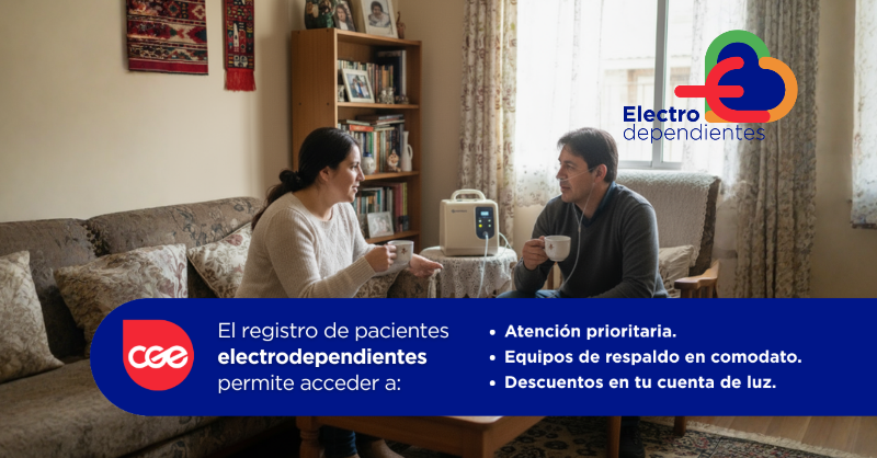 CGE_Clientes's tweet photo. Un paciente electrodependiente es alguien que necesita estar conectado a un equipo médico para vivir.
Personas que, sin energía continua, se exponen a riesgos vitales. 
Si tú o alguien de tu familia está en esta condición, completa el registro en CGE y obtén atención prioritaria.