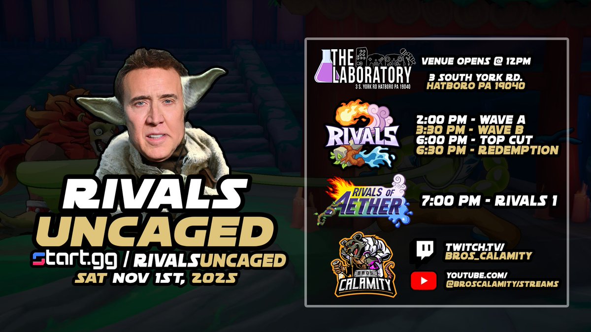 Rivals Uncaged #5, a tri-state regional event held <a href="/TheGamingLab_/">The Laboratory</a> is happening this coming Saturday 11.1.25.

feat brackets for #RoA2 &amp; RivalsOfAether 1 

Make sure to pre-register. check the replies for the event link