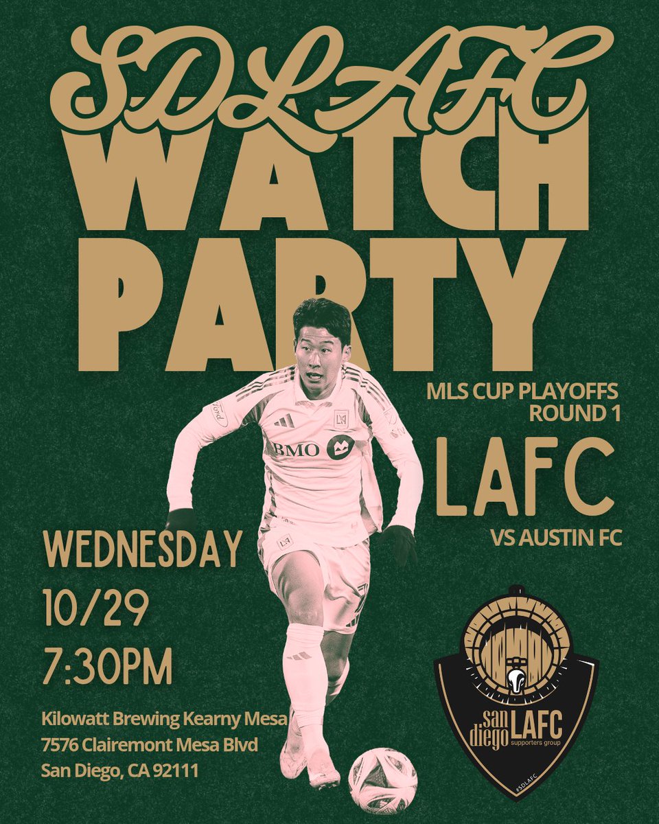 It all starts Wednesday! First round of #LAFC's playoff run begins 10/29. Come join the #SDLAFC fans at <a href="/kilowattbeer/">Kilowatt Brewing</a> Kearny Mesa to cheer on our boys in the black and gold ⚽️ fun starts at 7:30pm!

#lafc3252 #blackandgold #losangelesfootballclub #mlscupplayoffs