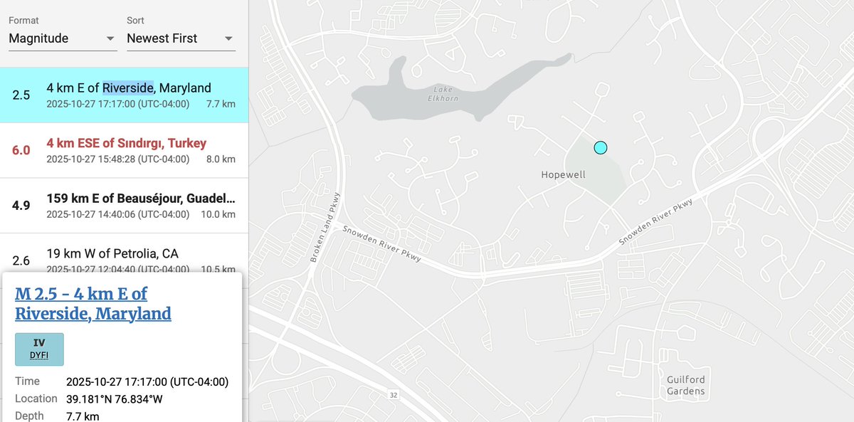 ChuckyT3's tweet image. USGS says it was a 2.5 earthquake centered in Riverside, Maryland.  Map shows it's actually in the Oakland Mills area of Columbia, Maryland. #HoCo #Md