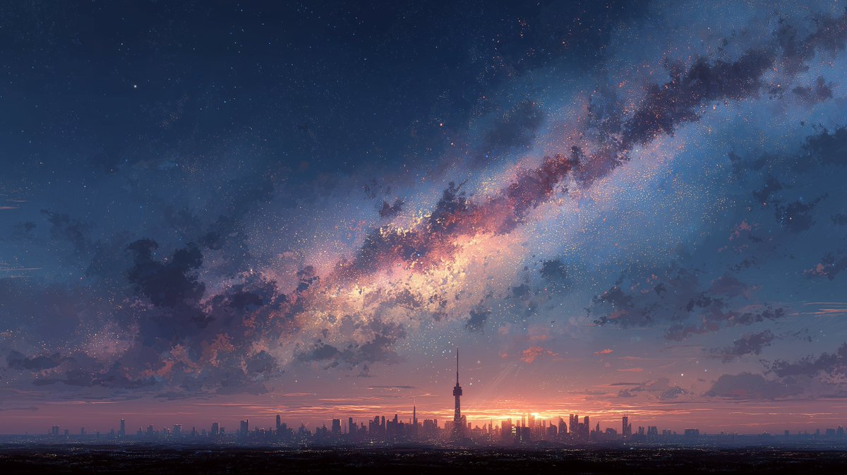 A starry night sky above a huge city