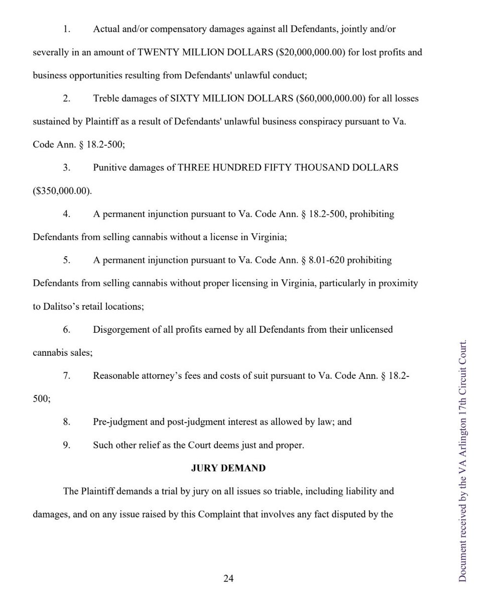 TheDankInformer's tweet image. The lawsuit seeks total damages of just over EIGHTY MILLION DOLLARS ($80,000,000)

Actual or compensatory damages against all Defendants, jointly and/or severally in an amount of $20,000,000 for lost profits and business opportunities resulting from Defendant' unlawful conduct