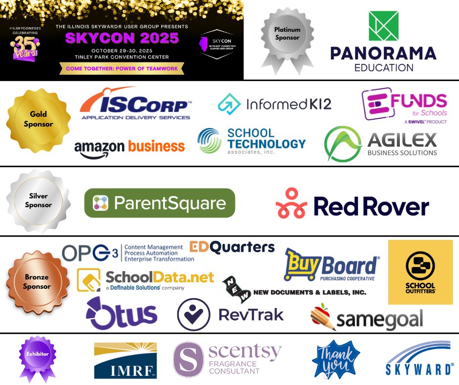 It's almost time for #ILSkyCon2025! We would like to thank our sponsors for their support! And of course, we can't do any of this without <a href="/Skyward_Inc/">Skyward</a>!