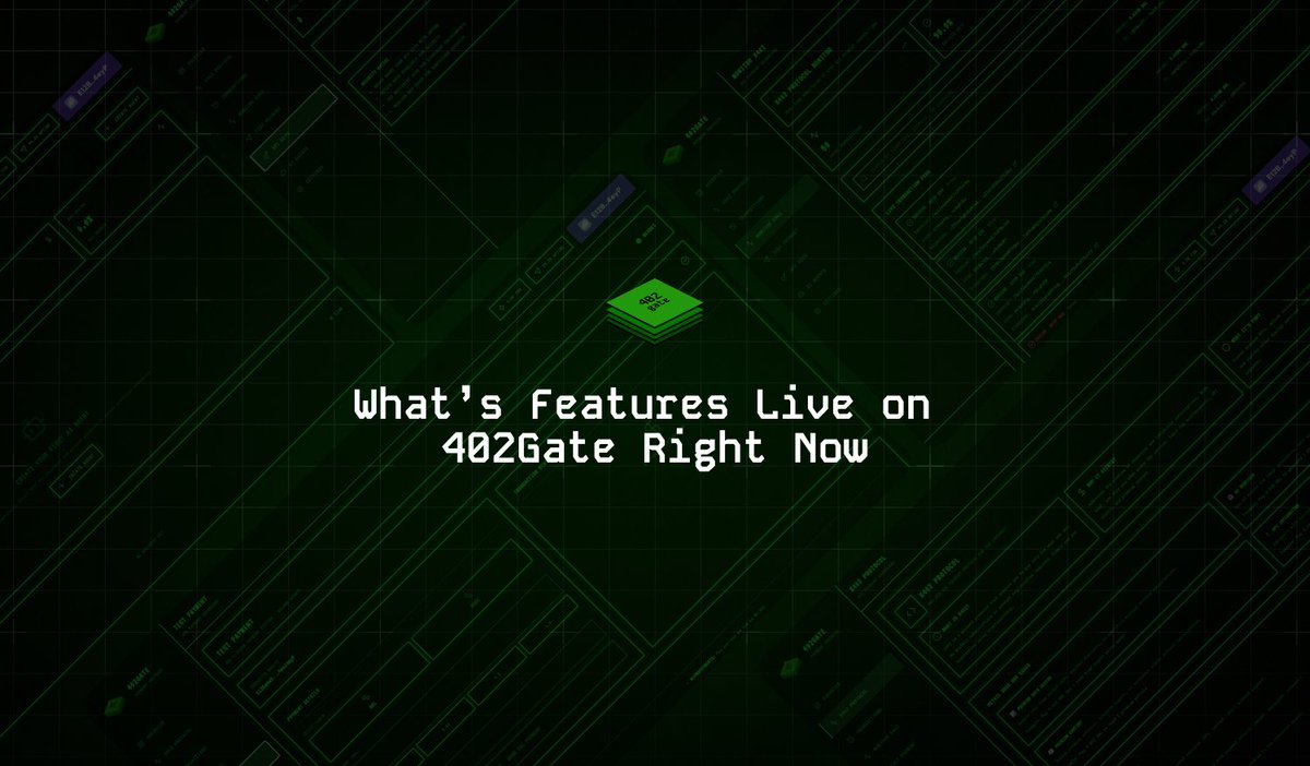 402Gate's tweet photo. What’s Live on 402Gate Right Now

402Gate isn’t a concept. It’s already running on @solana with real features you can test today ⚡

➤ X402 Protocol Test
Experience the HTTP 402 Payment Required flow in action
Every request triggers on-chain settlement using the revived 402 standard

➤ X402 Protocol Real-Time Monitor
Watch every transaction, request, and payment verified instantly on-chain
Transparent, autonomous, and live

➤ Test Payment (Multi-Token Payment Testing on Solana Devnet)
Try multiple Solana tokens in pay-per-use testing and see true micropayments in real time

➤ API Keys
Integrate 402Gate directly into your dApp, backend, or service
Enable pay-per-use access with a single API call

➤ Beta AI Agents (Autonomous X402 Payment Processing)
Autonomous agents that trigger, verify, and process X402 payments automatically
The foundation of the upcoming machine-to-machine economy

Dive in : https://t.co/FmNwiLC7cx

#402Gate #x402 #Solana #402G #Web3 #AIAgents #PayPerUse