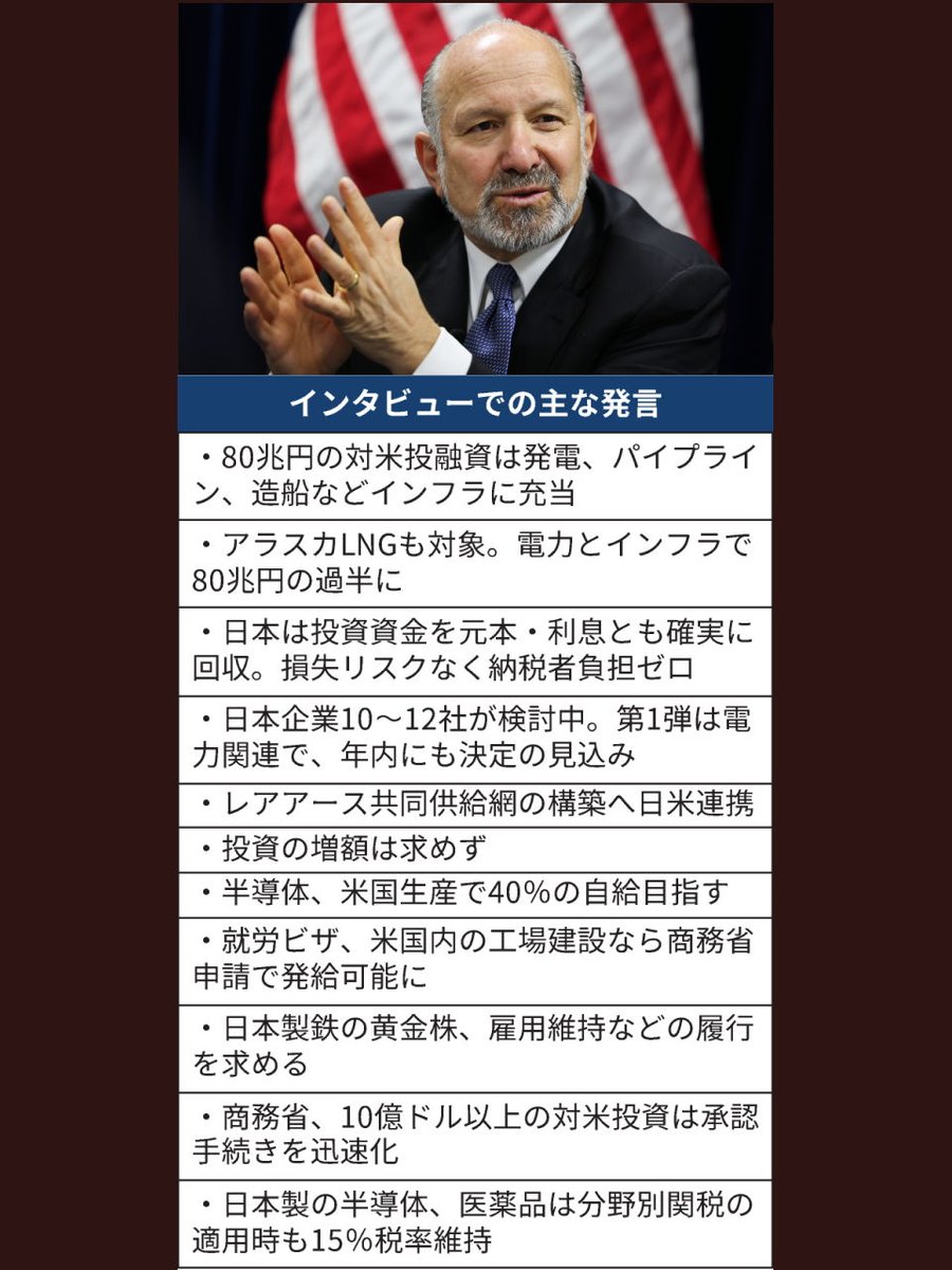 ラトニック米商務長官インタビュー】 「日本の80兆円投資、アメリカのインフラに」 https://t.co/SklDqY7fYc