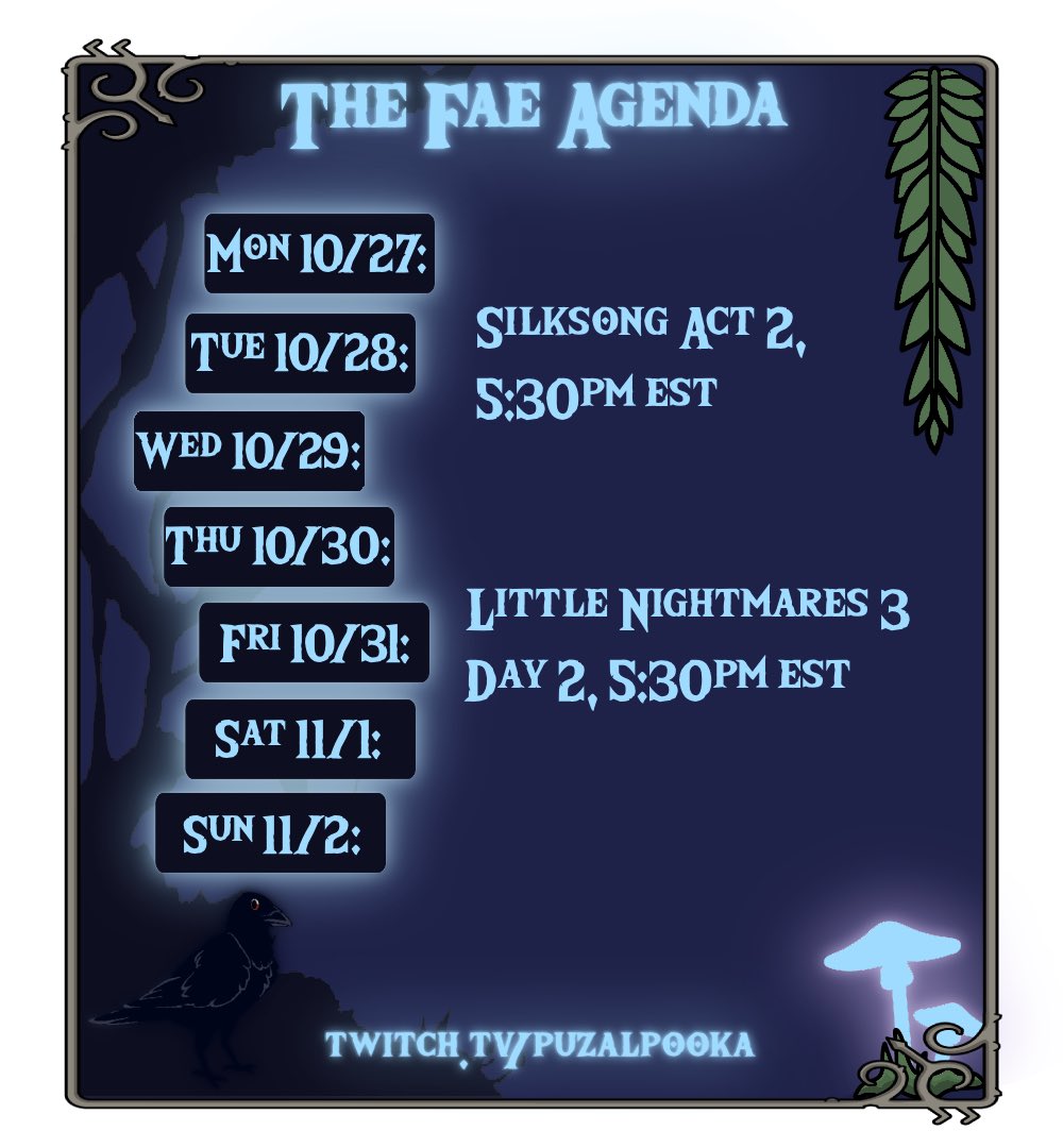 LORE VIDEO ON HALLOWEEN!

It’s been a rough few weeks. Thank you for bearing with me. 

We are BACK with Silksong, Little Nightmares 3, and an official Puzal Pooka lore video dropping ON STREAM this Friday! Be there!

#vtuber #vtuberen #twitchstreamer #youtuber #halloween