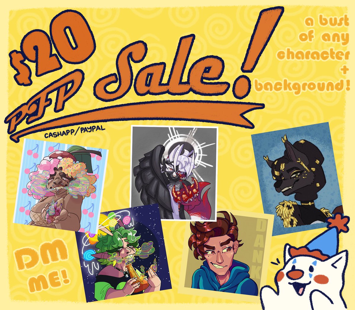 HELLO CLOWNS!!! 
For $20 Ill draw your oc or any character you want!
I use Paypal or Cashapp and will only be accepting 100% upfront payment. My TAT is a week~
If youre interested then DM me! If you arent, then like, comment, repost, or anything to help spread the word. TY💚💚