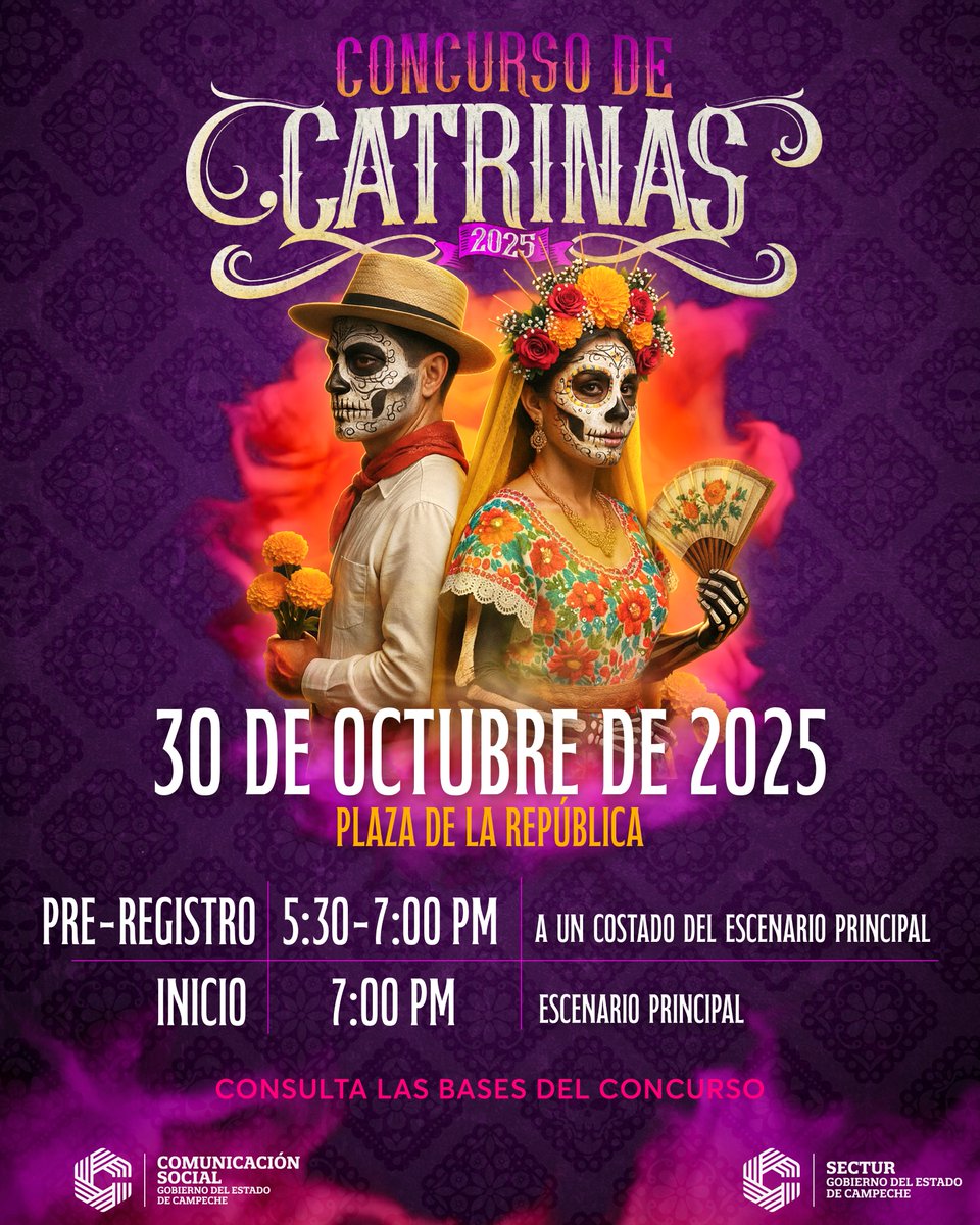 ¡Celebra nuestras tradiciones con elegancia y color!

Participa en el Concurso de Catrinas 2025 este 30 de octubre en la Plaza de la República.

Pre-registro: 5:30 – 7:00 pm (a un costado del escenario principal).
Inicio: 7:00 pm (escenario principal).

Demuestra tu creatividad,