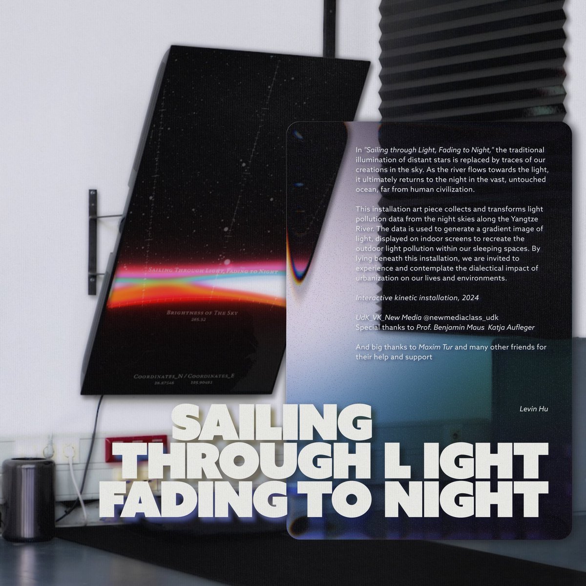 levin_hu's tweet photo. Sailing Through Light, Fading to Night
Interactive kinetic installation, 2024
in VK_New Media_UdK Berlin

Special thanks to Prof. Benjamin Maus, and Katja Aufleger :)

#NewMediaArt #InteractiveInstallation 
#DataDrivenArt #Rundgang 
#UdKBerlin #ArtAndTechnology https://t.co/z7QqCikQWb