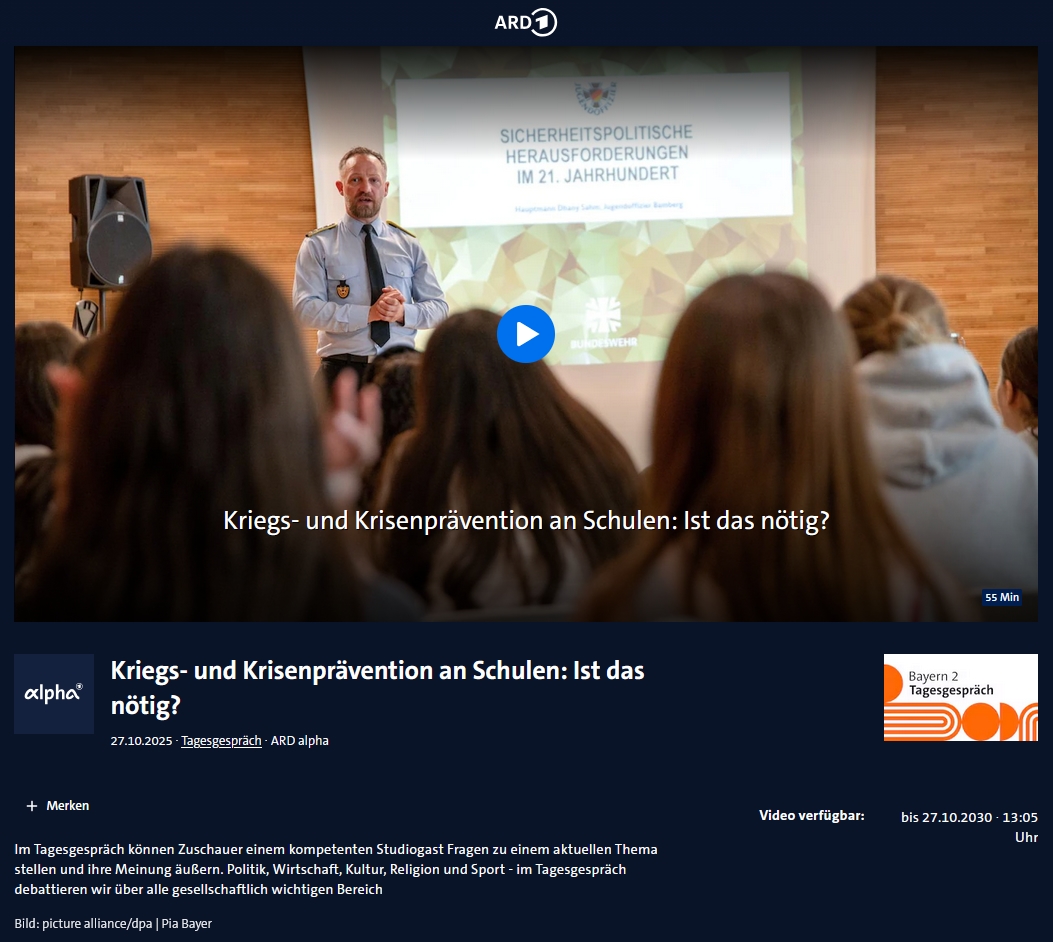 #Krisenkommunikation #Zivilschutz #Bevölkerungsschutz - "Kriegs- und #Krisenprävention an #Schulen: Ist das nötig? - #Tagesgespräch mit #Krisenforscher Frank #Roselieb (#ARD alpha und #Bayern 2, 27. Oktober 2025) ardmediathek.de/video/tagesges…