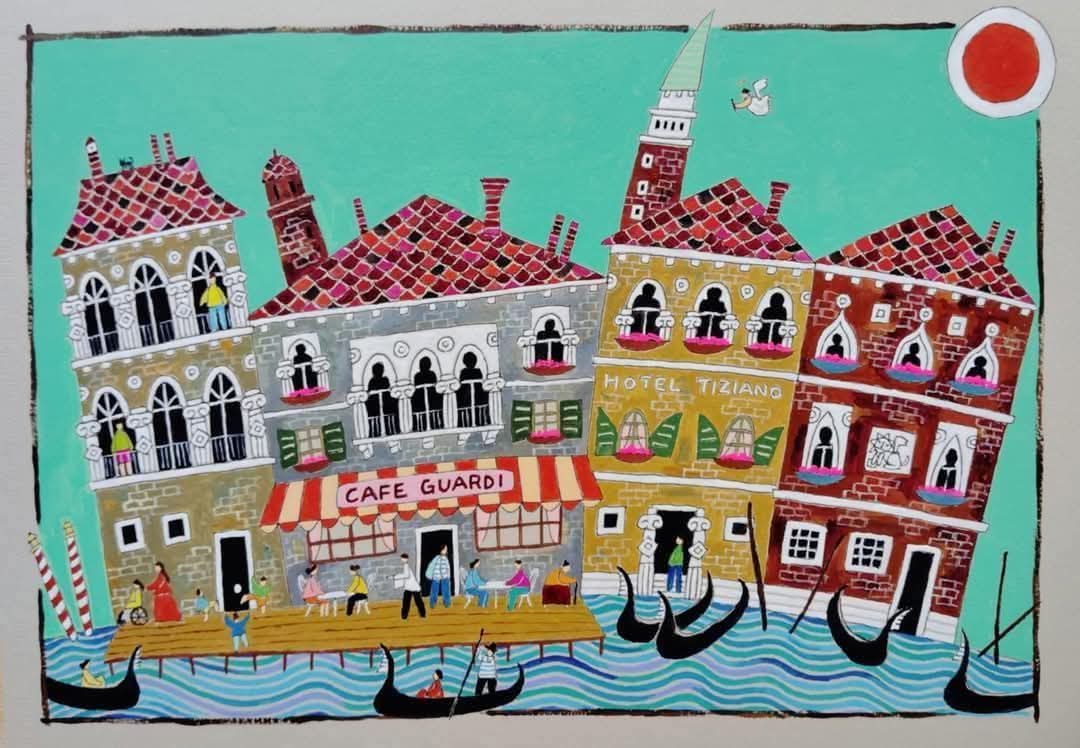 奥村ユズル 水彩画原画 ドイツ古城街道のカフェ 奥村ユズル水彩画原画