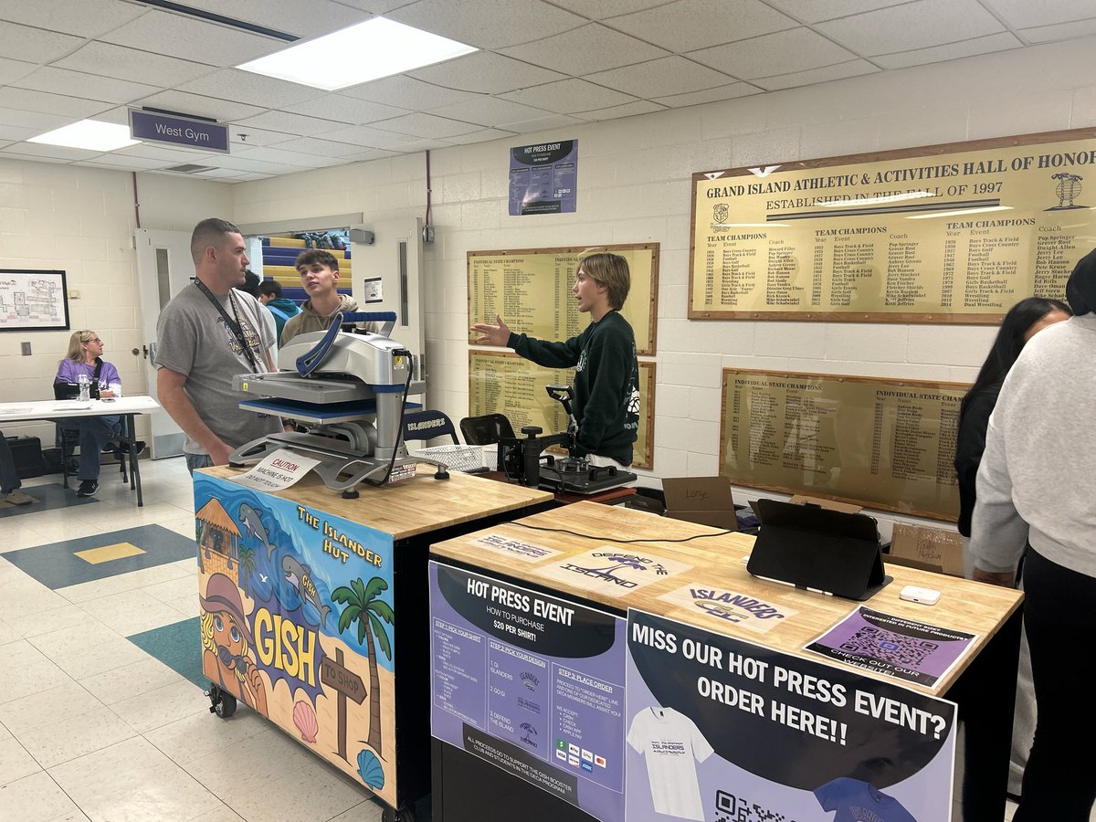 🔥 HOT PRESS EVENT — TONIGHT! 🔥
Stop by before or during the Islanders volleyball game as they take on Omaha Bryan at 5:30!
💜 $20 per shirt

Missed the event? You can still order online 👉 [scan QR code or visit gishschoolstore.com]