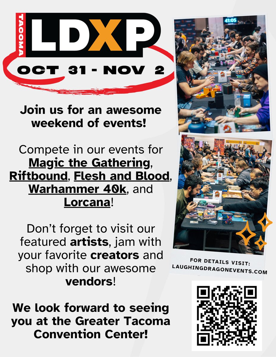 We're officially 5 days away from LDXP Tacoma!

Join us this weekend October 31 - November 2 at the Greater Tacoma Convention Center! 

Come compete in our events, jam some commander and visit our awesome artists, vendors and special guests! For more info,  take a look at our