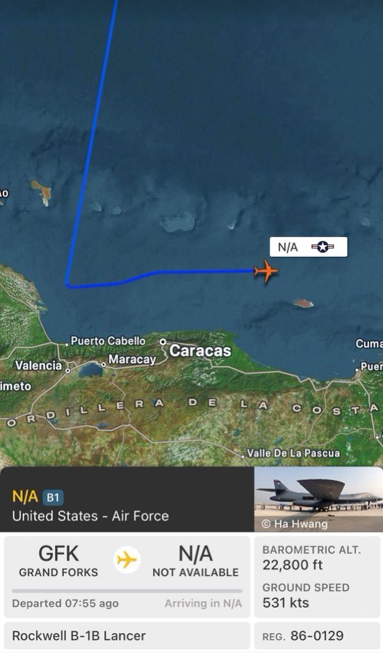 🚨Update: Two US Military B-1 bombers are traveling along the Venezuelan coast, currently moving between Isla La Orchila and Isla Tortuga.