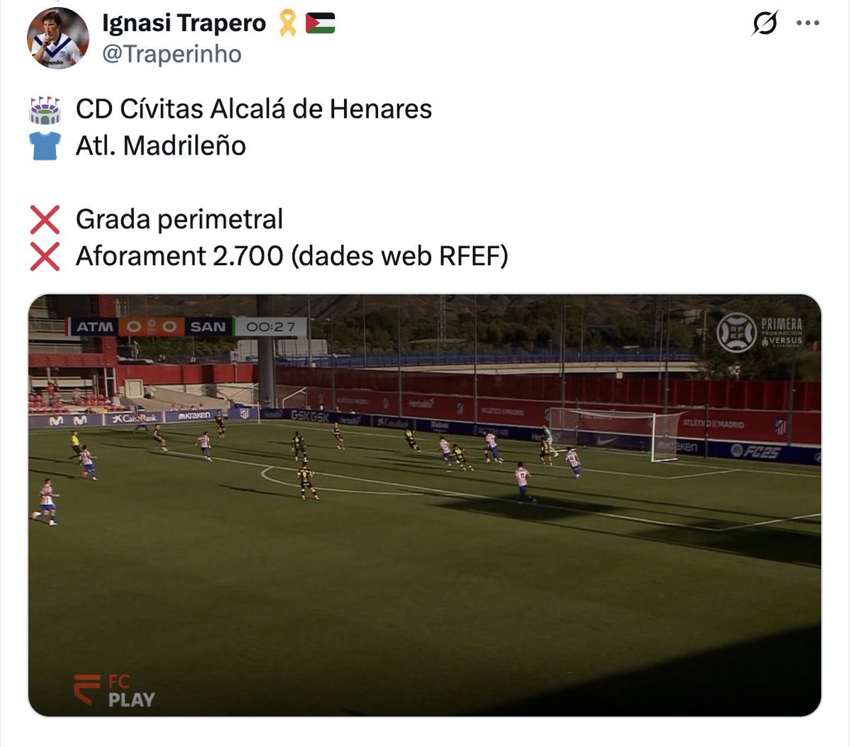 <a href="/107Toc/">Toc Escapulat</a> Doncs no, amics: la normativa <a href="/rfef/">RFEF</a> és tan absurda que un estadi tan bonic i modern com el de diumenge no compleix 2 requisits d'aquest reglament. Si no es fessin els suecs i obliguessin tothom a complir les seves normes, en aquest camp tampoc es podria jugar 🤷‍♂️🙄😂