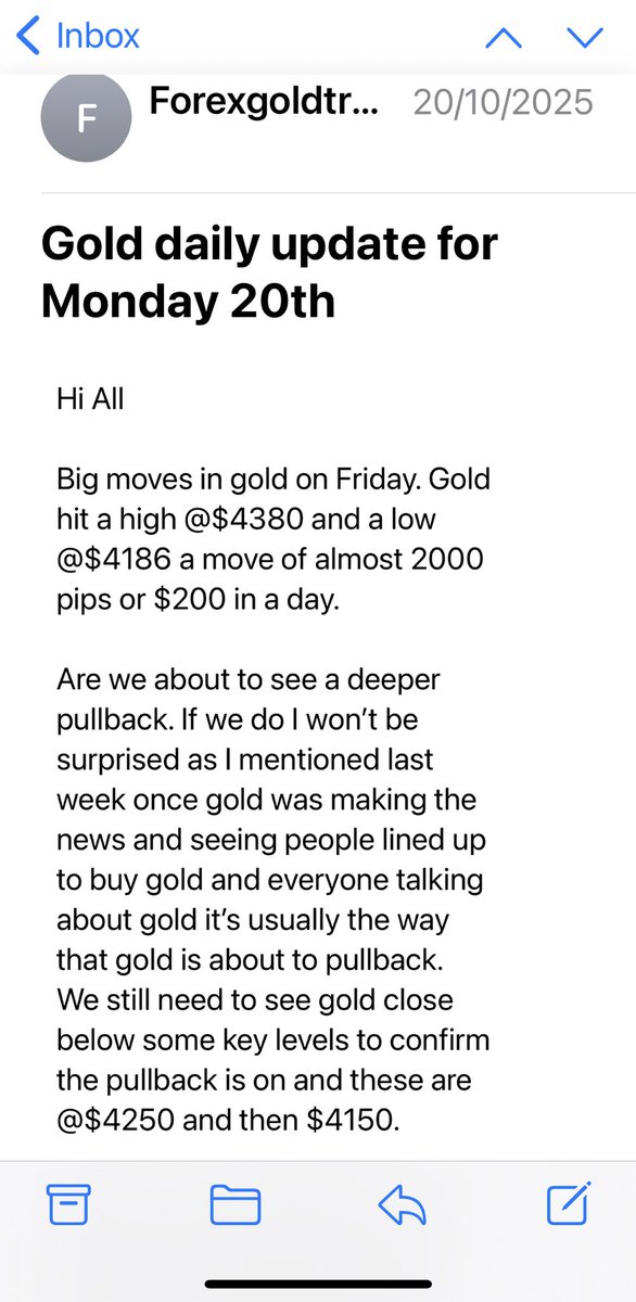 I sent this #GOLD update out to subscribers at the open of Asian trading on the 20th October
After seeing people lined up outside gold stores to buy #gold
The general public are always the last to buy &amp; usually signals the trend is over
$Gold set it’s high @$4381 later that day