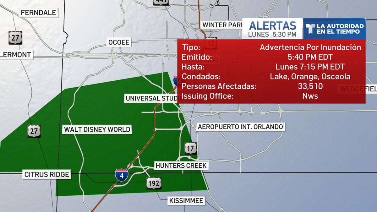 Advertencia de inundaciones para partes de Lake, Orange y Osceola hasta las 7:15 PM. Se han reportado entre 1.5 y 3 pulgadas de lluvia, y se podrían acumular entre 1 a 2 pulgadas adicionales en esa área.