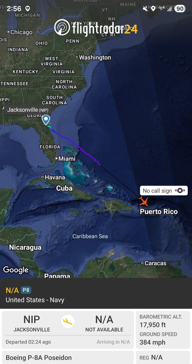 Borrowed7Time's tweet photo. US Navy P-8A Poseidon #AE6798 departed Jacksonville, en route to Puerto Rico. 
@sipjack1776 @FlconEYES @LadyAstroJet https://t.co/mJFs8knsXO