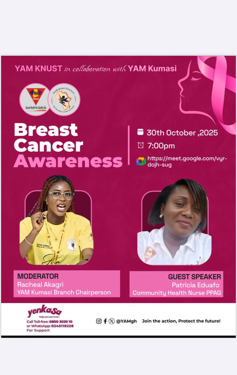 fausty043's tweet photo. 🩷🩷🩷🩷🩷🩷🩷🩷🩷🩷🩷
YAM  invites you to a Breast Cancer Awareness Webinar .
Let's come together to raise awareness. 
 🚉Google Meet 
Click the link here to join :https://t.co/VOagjutYVH
Together, we can make a difference! 
 #Yamghana #yenkasa https://t.co/Z7xGktTAKC
