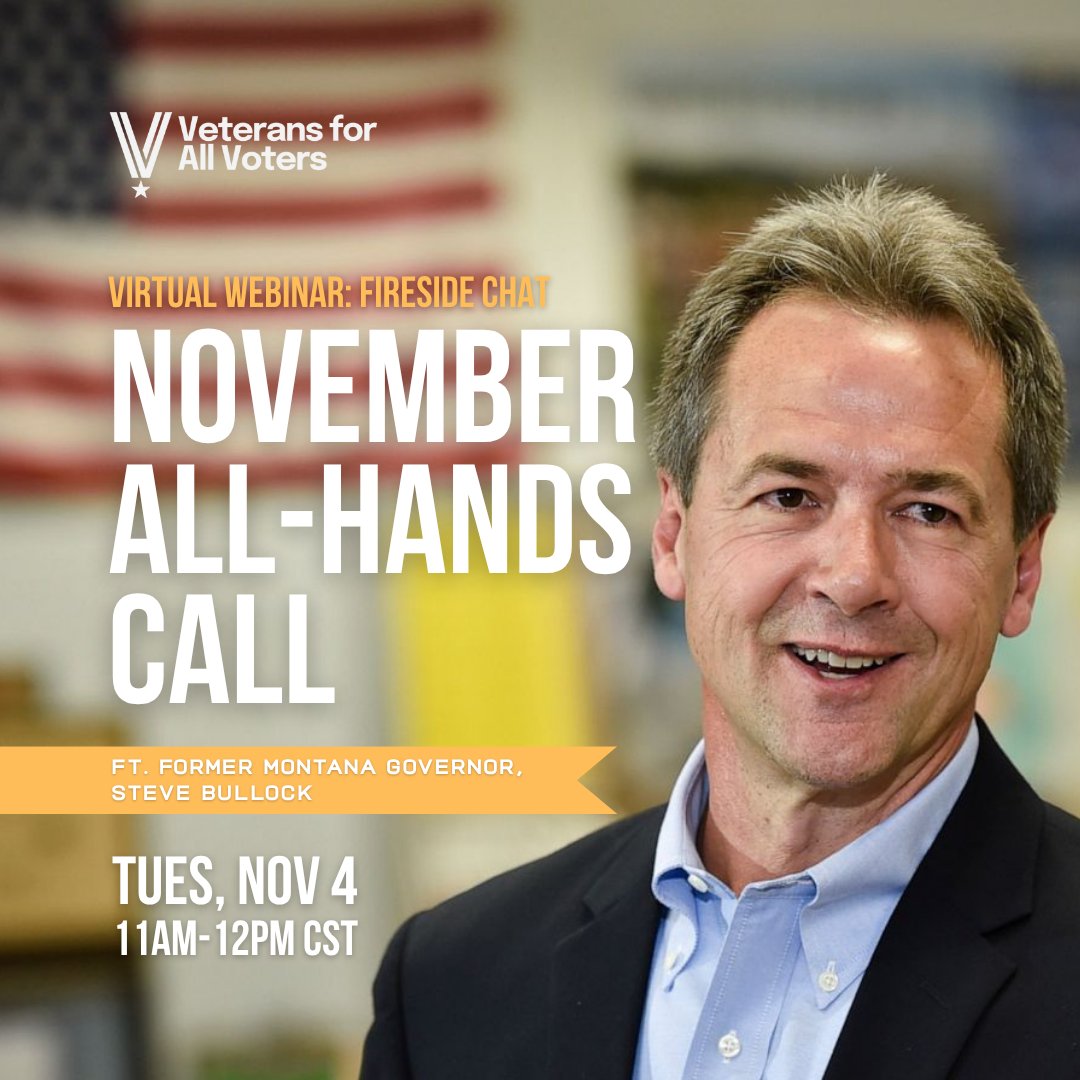 OperationVAV's tweet image. 🚨NEXT WEEK: Join our special edition All-Hands Call for a fireside chat with former Montana Governor Steve Bullock on #campaignfinancereform, dark money, and how citizens and veterans can take action.

Register here:
veteransforallvoters.org/upcoming-event…