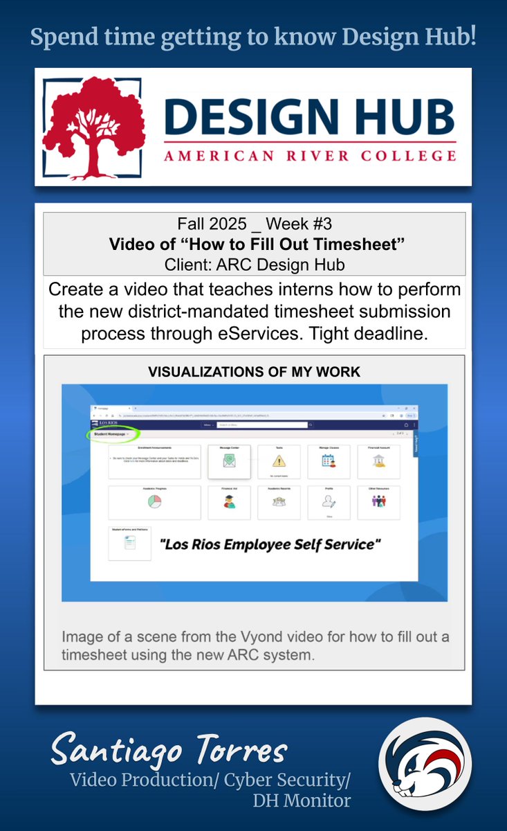 ARCDesignHub's tweet image. Our interns are making waves at the Design Hub! This week, we’re excited to spotlight one of our talented interns who created a tutorial video for submitting timecards. Check out their quality blog to learn more about the project: #designhub, #arc, #internship, #technology