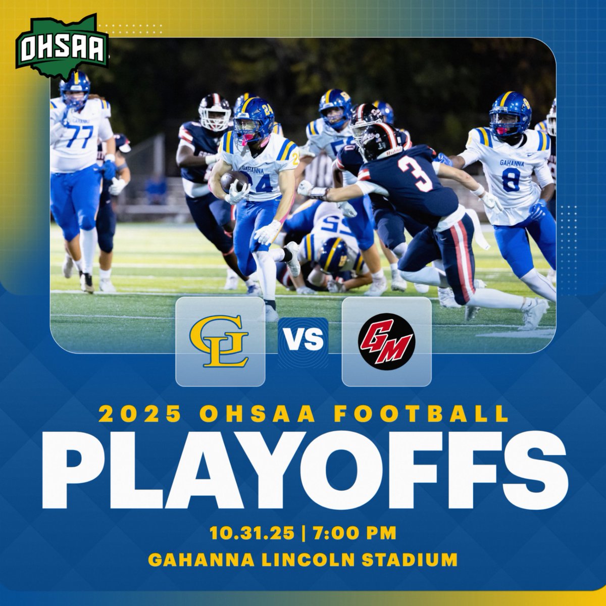 Gahanna will host Friday night's OHSAA Playoff game against Groveport Madison. Tickets are available on OHSAA.org/tickets. Season/Annual passes (students and adults) are not valid for post-season games. #GoLions
