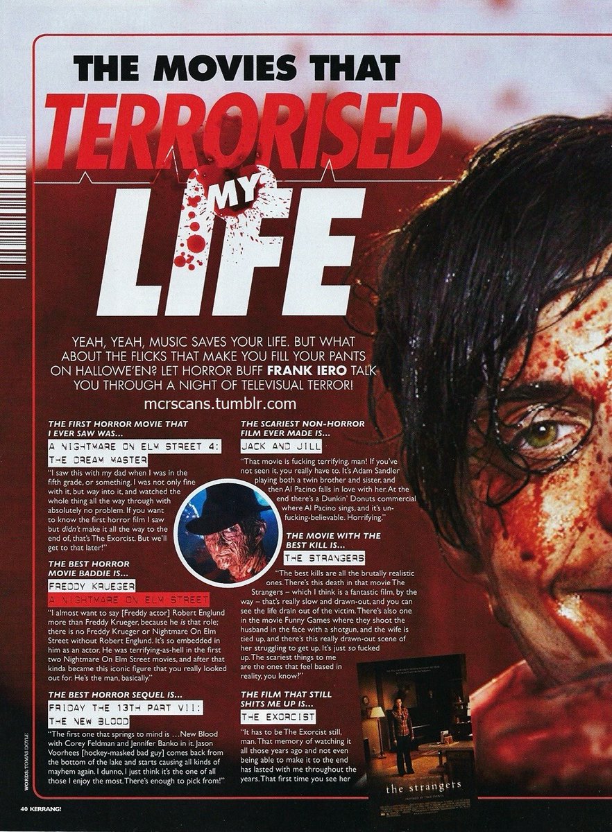 FrankOnThisDay's tweet photo. On this day in 2015: 

Kerrang Magazine published a feature of Frank talking all about his favorite horror movies. For the guy born on Halloween who bonded with his dad by watching all sorts of horror films together, I think it's cool they did a whole feature on it. https://t.co/nOhrtS9x8Z