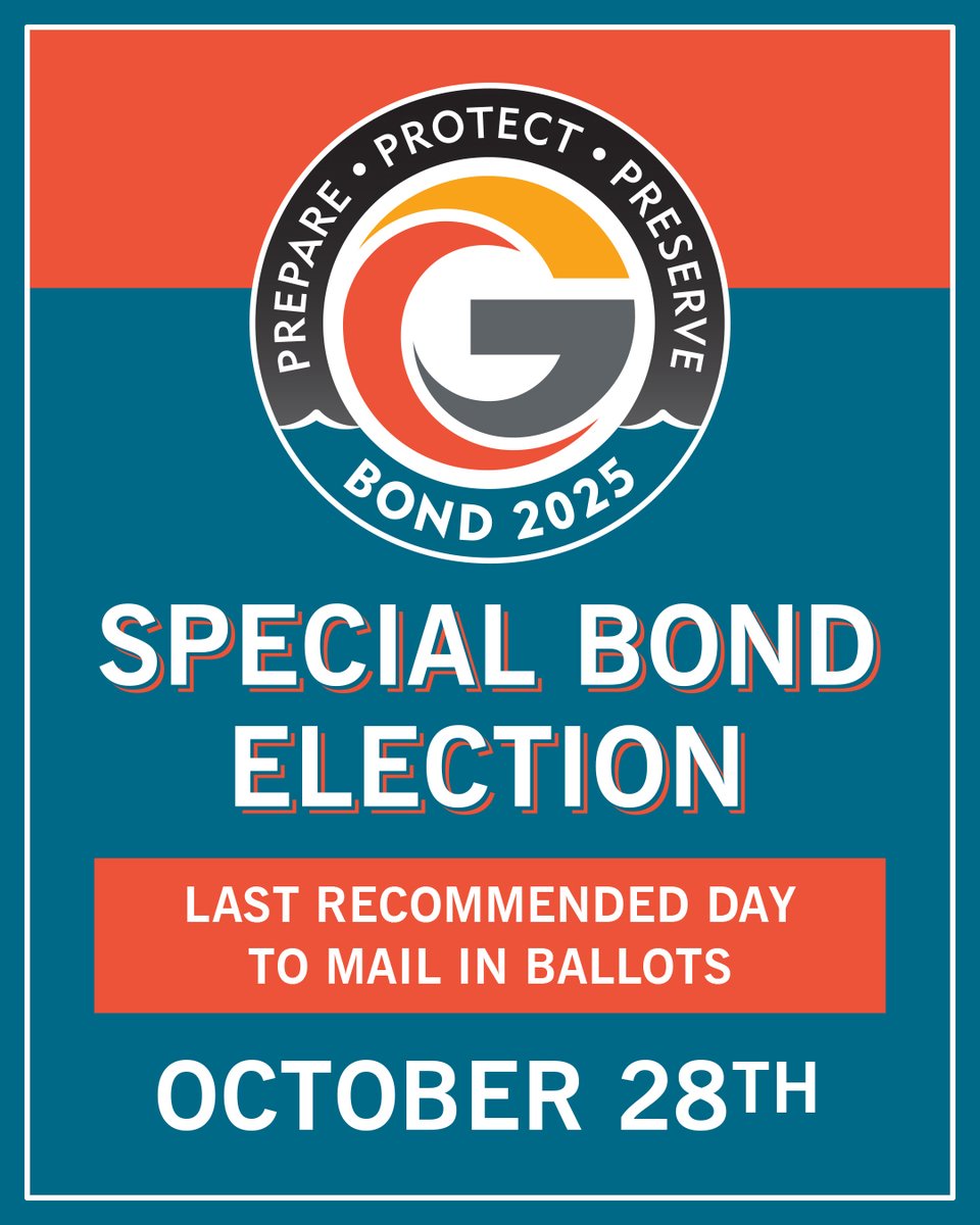 ❗Reminder: mail in your ballot for the Special Bond Election. The last recommended day to mail your ballot is Tuesday, October 28th.

Election Day is November 4, 2025, and all ballots must be received by 7 p.m.

Learn more at GlendaleAZ.gov/bond2025