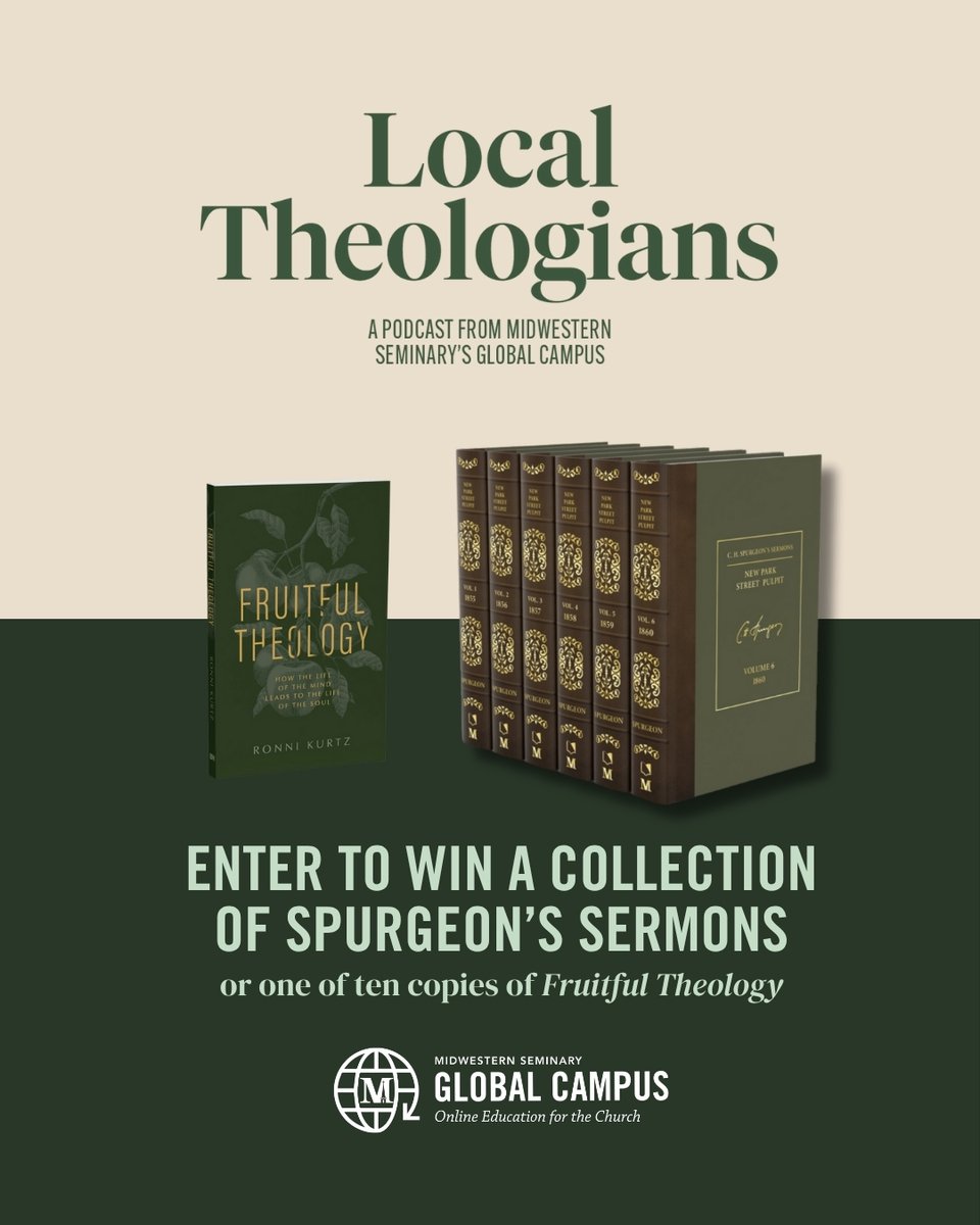 Help us spread the word about Local Theologians ahead of tomorrow's episode!

Enter to win Vols. 1-6 of the New Park Street Pulpit from <a href="/RHB_Books/">Reformation Heritage Books</a> and <a href="/SpurgeonMBTS/">Spurgeon Library</a> or 1 of 10 copies of Fruitful Theology from <a href="/RonniKurtz/">Ronni Kurtz</a> and <a href="/BHAcademic/">B&H Academic Books</a>:

1. Like and repost this post
2. Follow us