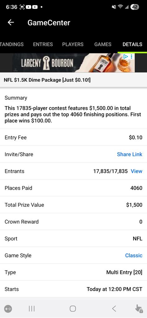 DfsRiddler's tweet photo. @StokasticHOF my second place finish in the dime time with 17835 total entries https://t.co/Tjf4oLqk3T