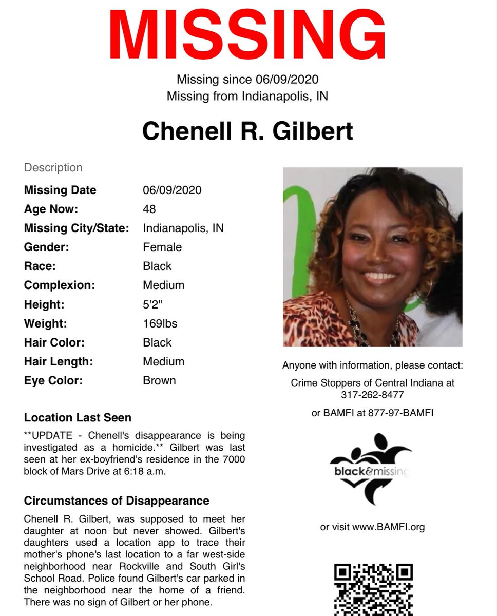 BAM_FI's tweet image. #Indianapolis, #IN: Then 42y/o #ChenellGilbert was last seen at her ex-boyfriend’s home in the 7000blk of Mars Dr at 6:18a on Jun 9, 2020 in a black jumpsuit. She was supposed to meet her daughter at noon but never showed. Her daughters used a location app to trace their mother’s