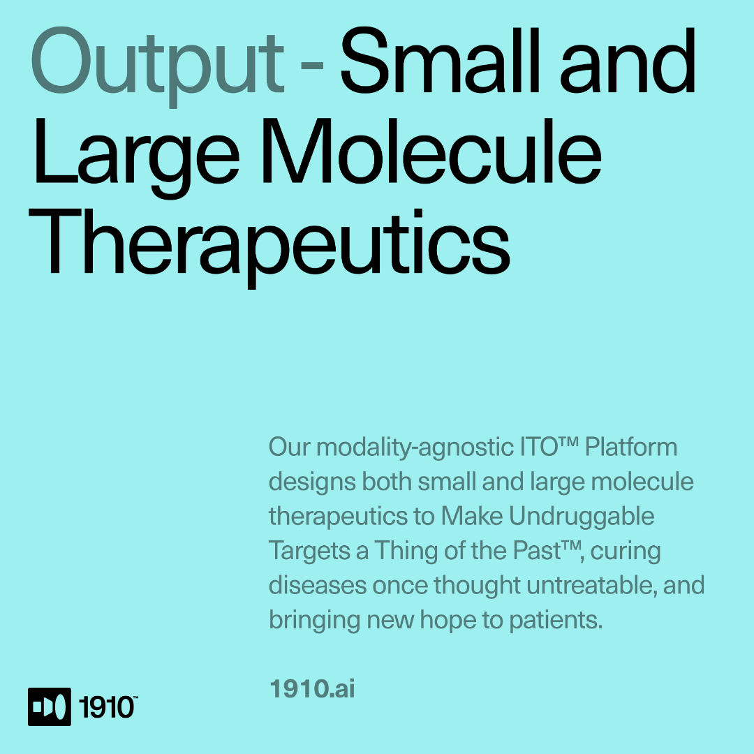 1910_ai's tweet photo. 🧬 Introducing our ITO™ platform, which integrates massive multimodal data, frontier AI models, and high-throughput lab automation to identify novel disease targets and design small and large molecule therapeutics better and faster than traditional approaches. https://t.co/p5zlyz2qNX