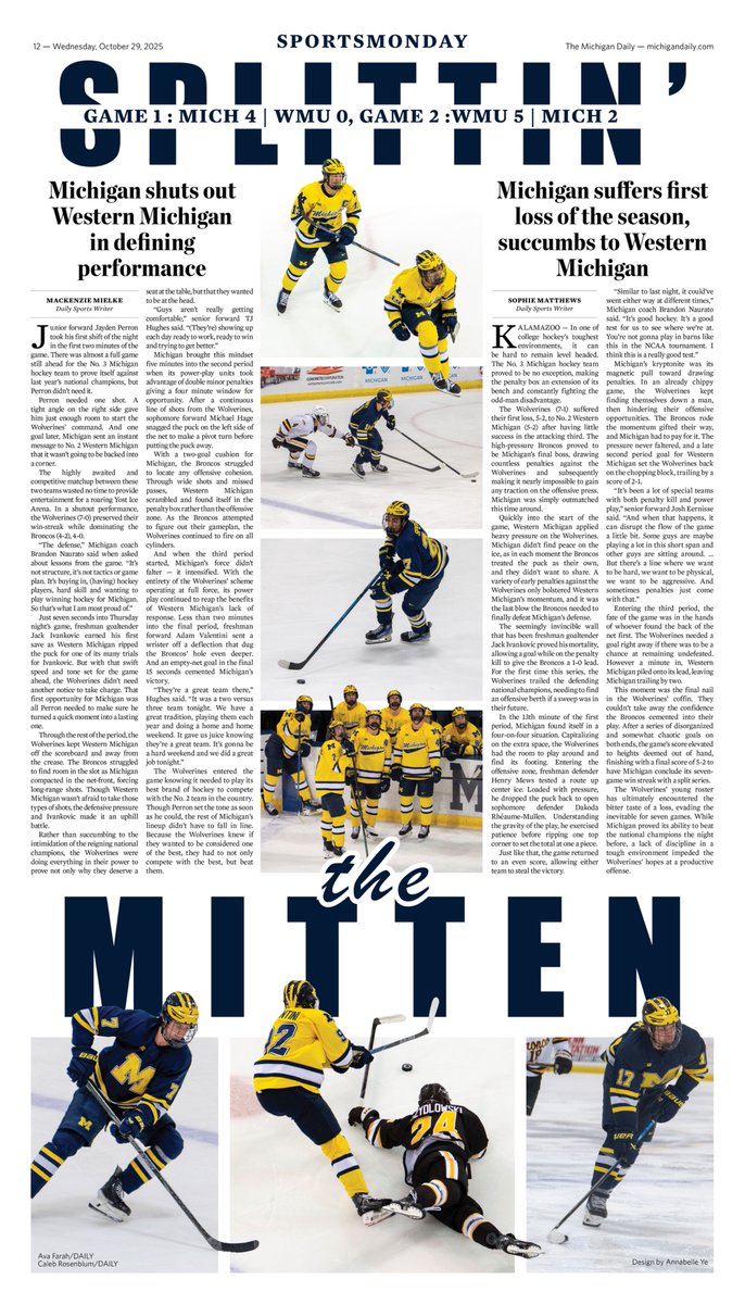 After a strong defensive showing by <a href="/umichhockey/">Michigan Hockey</a> led to a win in the first game, penalties added up for the Wolverines in the second, falling to <a href="/WMUHockey/">WMU Hockey</a> and splitting the series.

This week’s #SportsMonday cover: Splittin’ the Mitten.