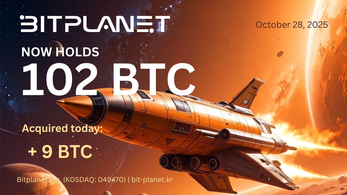 Today <a href="/Bitplanet_KR/">Bitplanet Inc.</a> has acquired 9 $BTC for ~$1.09 million at ~$121,478 per bitcoin. As of October 27, 2025, we hodl 101.67 BTC acquired for ~$11.99 million at an average cost of ~$118,162 per bitcoin.   

비트플래닛은 오늘 9 비트코인을 ~15.70억원 (~174,455,000원/BTC)에