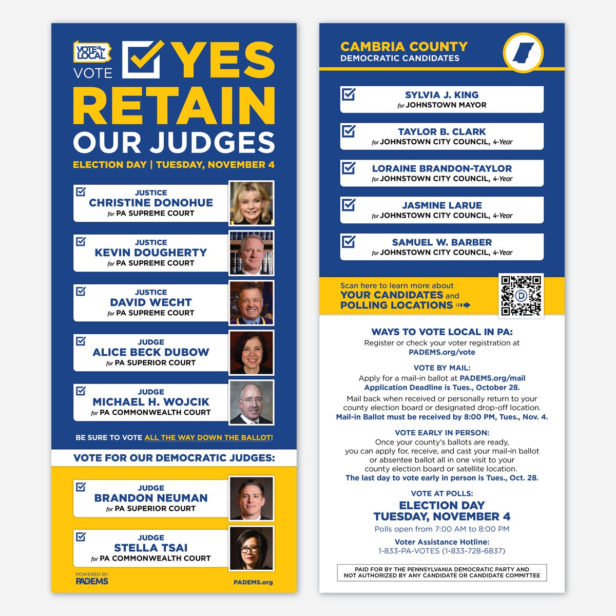 PADemParty's tweet photo. Vote Local PA Spotlight π£ Today, we're highlighting Democratic candidates up and down the ballot in Cambria County. Learn more at https://t.co/G86YMwxDLk and be sure to π³οΈ VOTE β
YES to RETAIN Donohue, Dougherty, Wecht, Dubow, and Wojcik on NOVEMBER 4! #VoteLocalPA #PoweredbyPADems #PADems