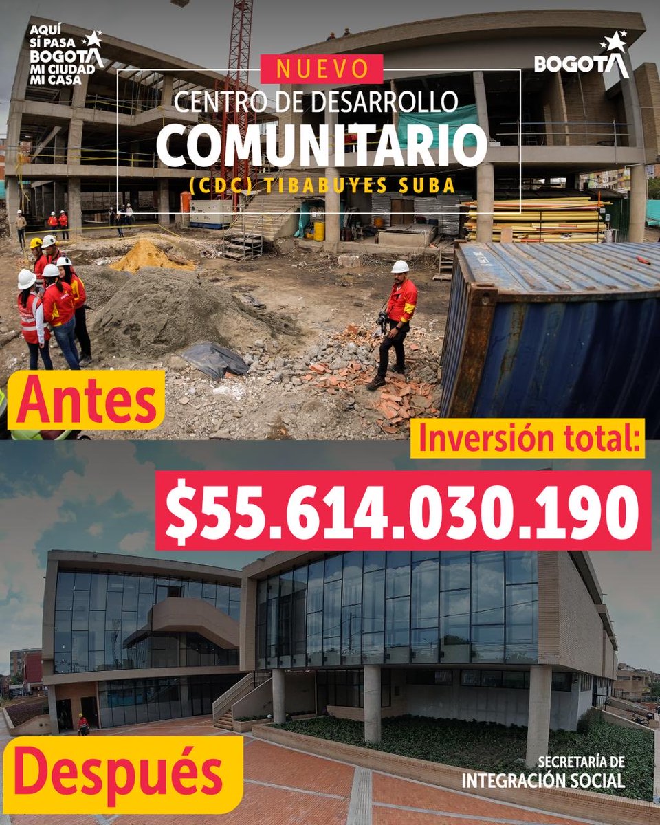 Ambientebogota's tweet photo. 🏗️ La #MegaObra de la localidad de #Suba 📍cuenta con 7.879 m², en tres niveles con jardín infantil, comedor comunitario, centro Integrarte para personas con discapacidad y talleres de formación e inclusión productiva en el Centro de Desarrollo Comunitario ⭐
#AquíSíPasa https://t.co/OcOttoUOOR