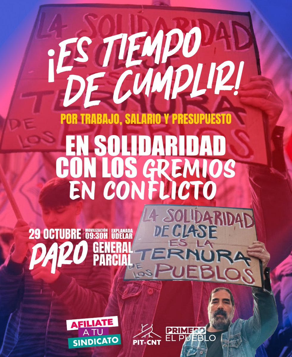 29/10 📢PARO GENERAL PARCIAL📢 9:00 a 13:00 h 

Movilización ✊🏾
🕚9:30 h 
🏛️Explanada de la UDELAR

⭕ En solidaridad con los gremios en conflicto