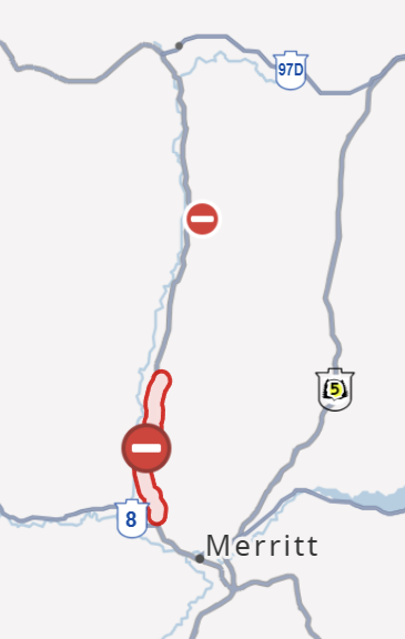 DriveBC's tweet photo. ⛔️#BCHwy97C - the highway is closed between #MerrittBC and #LoganLake due to a vehicle incident.
A detour is in effect.
#MametteLake
ℹ️https://t.co/XXAcr2wfJ5 https://t.co/vGK9mBEAVI