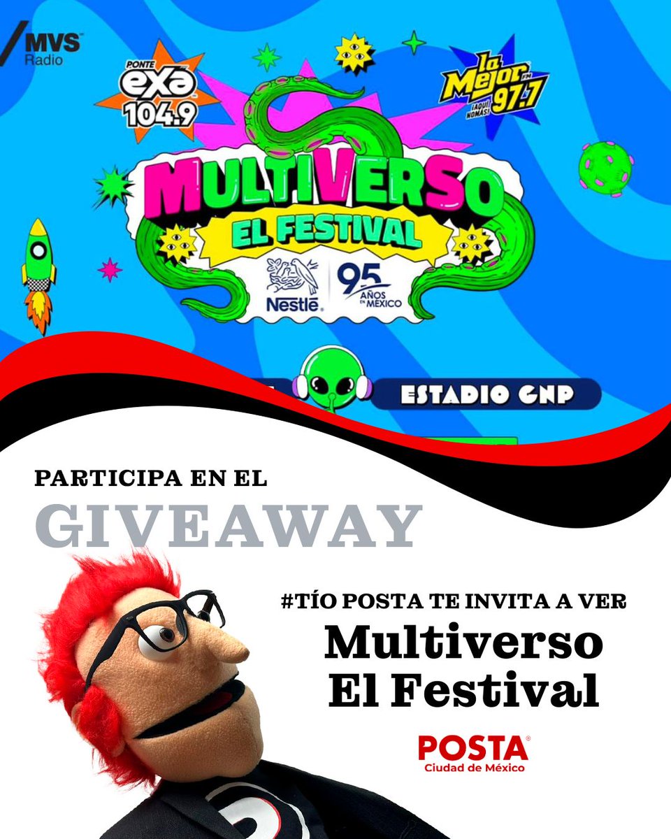POSTACDMX's tweet photo. 🚀✨ ¡GIVEAWAY CON POSTA! ✨🚀

¿Listo para vivir el Festival Multiverso con tus artistas favoritos? 👽🎶

@POSTACDMX  y @tioPOSTAmx  te invitan a ganar uno de los 5 pases dobles para el festival más épico del año 🔥

📅 Jueves 6 de noviembre | 4 PM | Estadio CNP

¡PARTICIPA! 👇

1️⃣ Sigue a @POSTACDMX  y @tioPOSTAmx 
2️⃣ Dale ❤️ a este post

A los ganadores se les enviará un mensaje con las indicaciones para recoger sus boletos.

¡SUERTE! 🍀🤞

Prepárate para disfrutar de Banda MS, Ha*Ash, Grupo Firme, Belanova, Piso 21, Los Caligaris y más 💫

#GiveawayPosta #MultiversoElFestival #CDMX #ConciertoDelAño #PostaCDMX #TioPosta #ViveElMultiverso