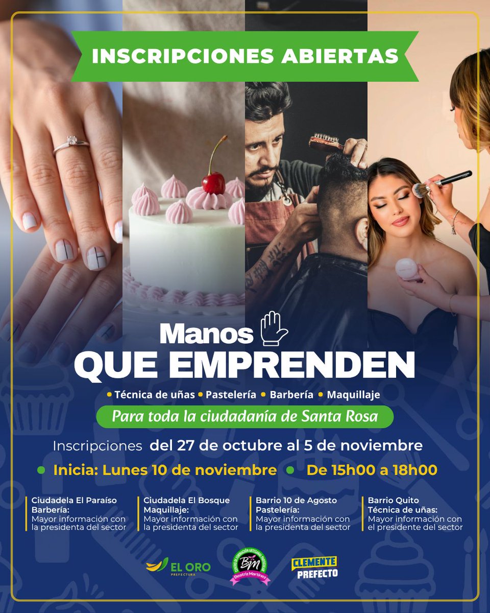 PrefecturaElOro's tweet photo. 🙋‍♂️ Te invitamos a inscribirte a nuestros cursos prácticos #ManosQueEmprenden, tienes hasta el 5 de noviembre. No te lo pierdas 👨‍👩‍👧‍👦 Iniciamos el lunes 10 de noviembre 💅 https://t.co/tXctDtOa9O