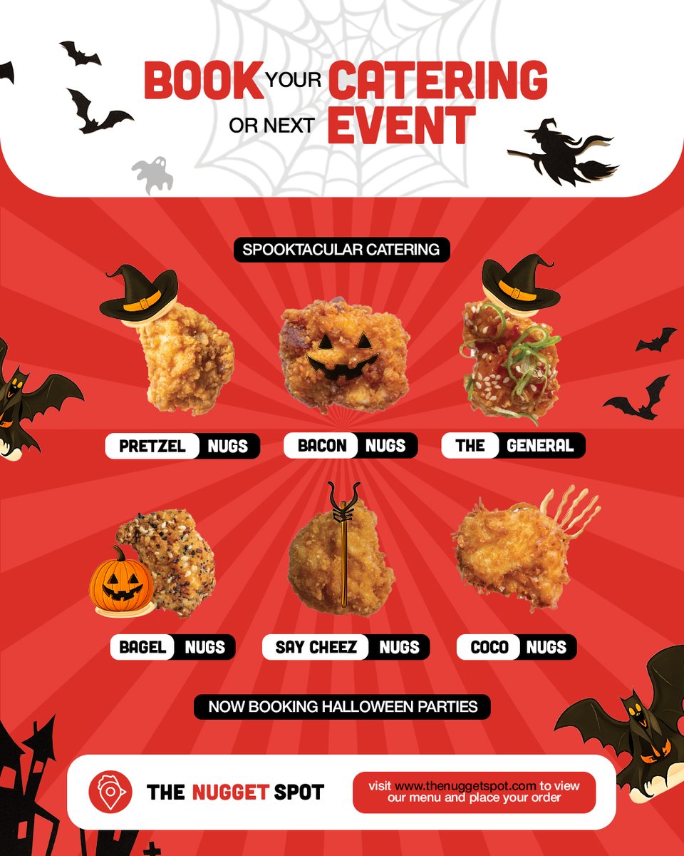 boo-k your trays now 🎃 Pretzel, Bacon, Bagel, Say Cheez, Coco + more. we’re catering all Halloween weekend—don’t ghost your guests. order now by visiting TheNuggetSpot.com/Catering 👻