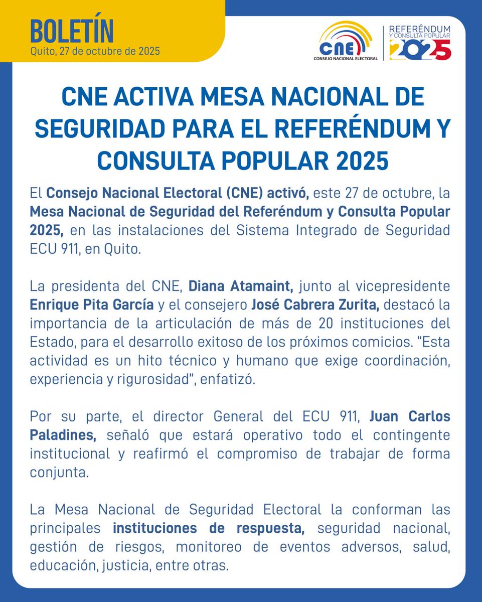 CNE_LosRios's tweet photo. #Boletín | Se instala la mesa nacional y provincial de #SeguridadElectoral rumbo al #ReferéndumYConsulta2025.  

Más detalle aquí.⤵️ 
https://t.co/7202NsZre7 https://t.co/kv8dq9EAMD